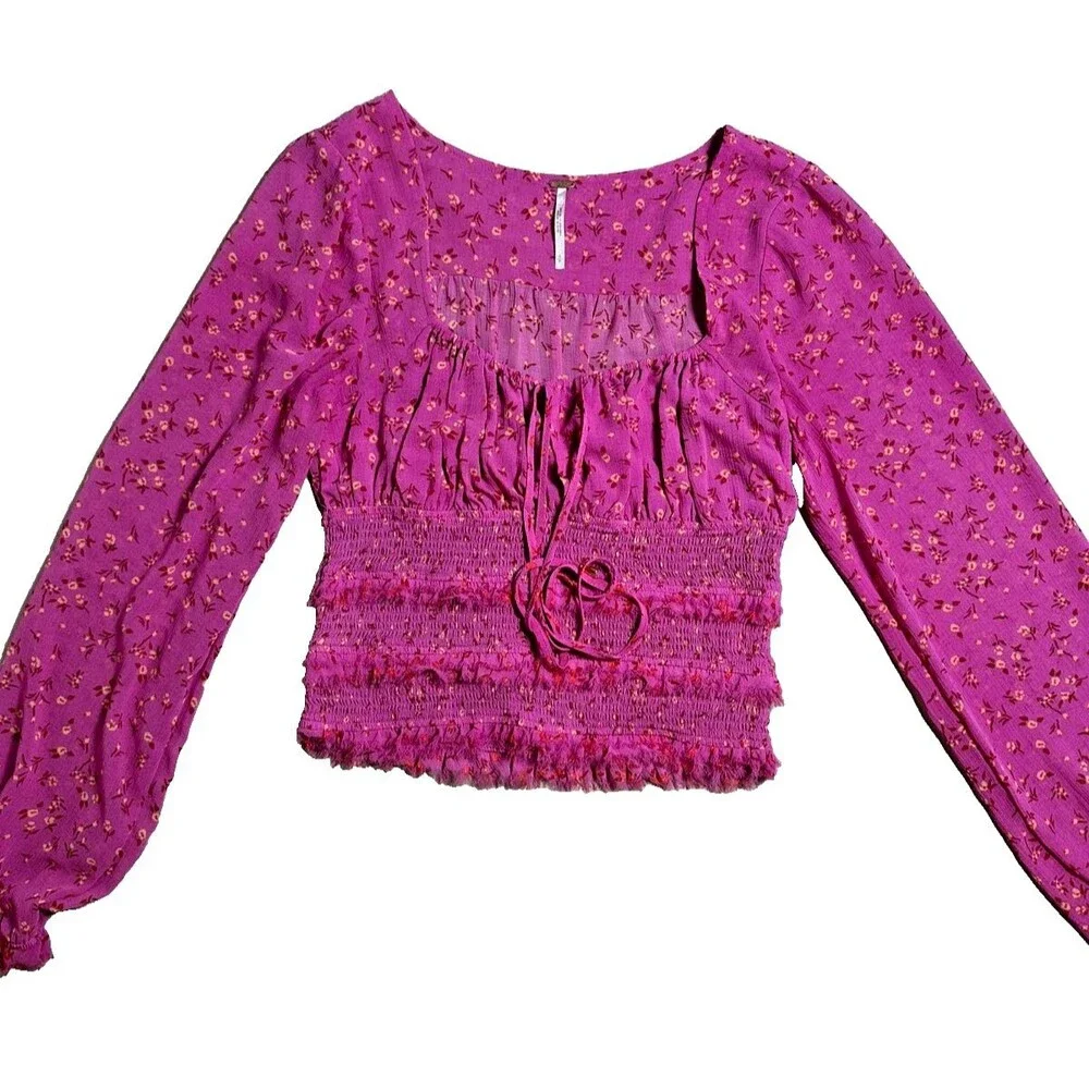 Free People Blouse Pink Floral Smocked Boho Peasant Cottagecore Festival Femme S